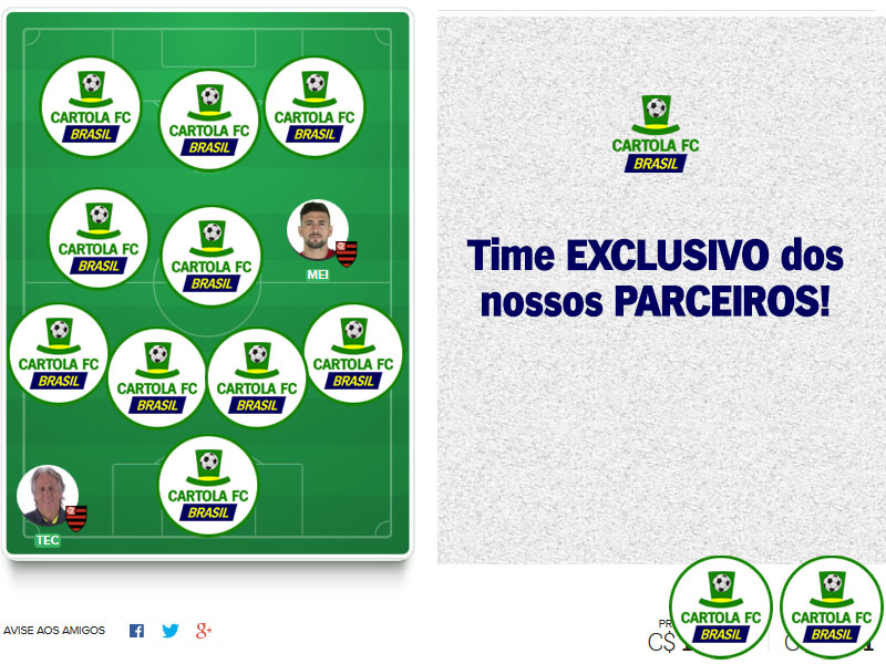 Equipe com foco principal da equipe do Cartola FC Brasil. Time exclusivo dos nossos parceiros com escalação visando os nossos principais objetivos: pontuar e mitar!